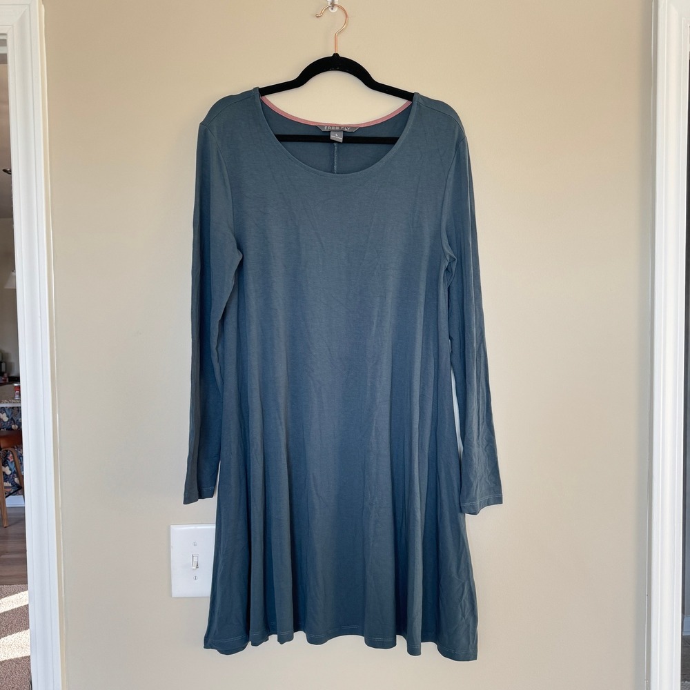 Free Fly Women Long Sleeve Bamboo Viscose Swing Dress Teal Blue Size L
